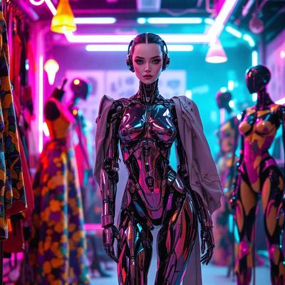The primary subject of the image is a woman dressed in a futuristic outfit, standing in a room with a neon-lit background. She is wearing a silver bodysuit and appears to be the main focus of the scene. The setting is a room with a collection of mannequins, some of which are also dressed in futuristic outfits. The visual style of the image is a combination of photo and digital art, creating a unique and captivating atmosphere. The dominant colors in the image are ne